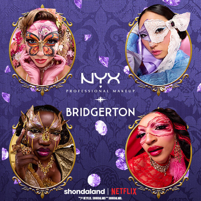 Portrety czterech osob w maskach i artystycznym makijażu, na fioletowym tle z ozdobnymi diamentami oraz logo NYX PM, Bridgerton, oraz Shondaland | Netflix.