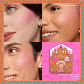 Trzy zbliżenia na twarze modelek z rożem/rozświetlaczem oraz zdjęcie palety „Buttermelt Face Palette” w odcieniu 01 Light/Medium