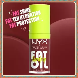 Zbliżenie na pojedynczą tubkę błyszczyka do ust NYX Fat Oil. Tekst wokoł niej podkreśla jego głowne zalety: „FAT SHINE”, „FAT 12H HYDRATION” i „FAT PROTECTION”. Tubka ma neonowozieloną nakrętkę.