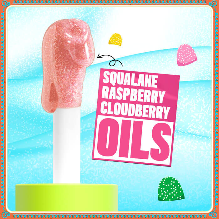 Przedstawia stylizowaną ilustrację dużego aplikatora z produktem. Tekst obok podkreśla kluczowe składniki: „SKWALAN”, „MALINA” i „OLEJKI Z MOROSZKI”.