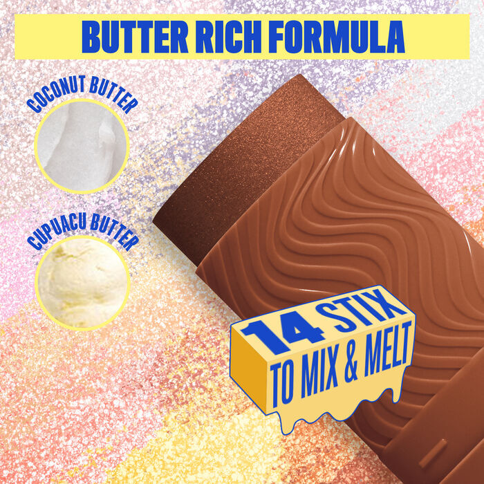 Buttermelt Stix product shown with various swatch textures as the background focusing on the coconut butter and cupuacu butter ingredients in shade 14 Melt To Be