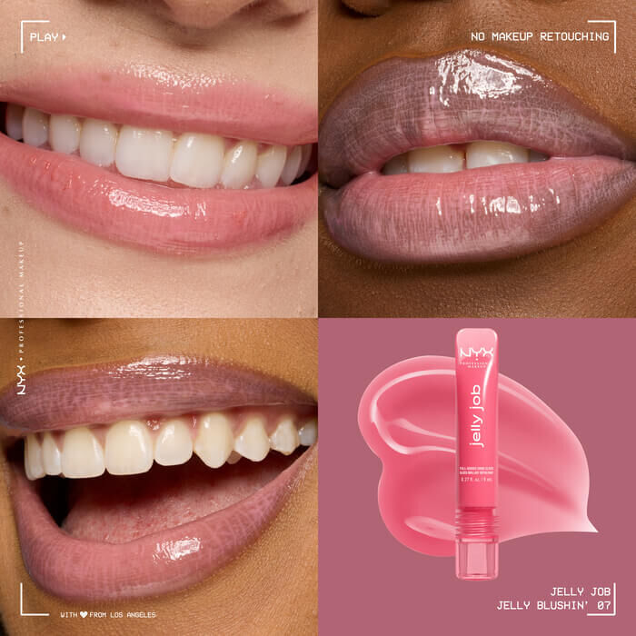 Quadrant showing Jelly Job lip macros on three models of fair, deep, medium skin tones and the product solider with swatch behind the hex code color in shade 07 Jelly Blushin'