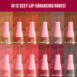 Display of 12 nude shades of NYX Lip Lingerie Liner. Each shade is shown in a vertical pen format with pink caps and labeled with names like "Take You There," "Warm Up," "Baby Doll," and "Cuff Me." Title reads: "In 12 sexy lip-enhancing nudes!"
