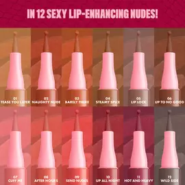 Display of 12 nude shades of NYX Lip Lingerie Liner. Each shade is shown in a vertical pen format with pink caps and labeled with names like "Take You There," "Warm Up," "Baby Doll," and "Cuff Me." Title reads: "In 12 sexy lip-enhancing nudes!"