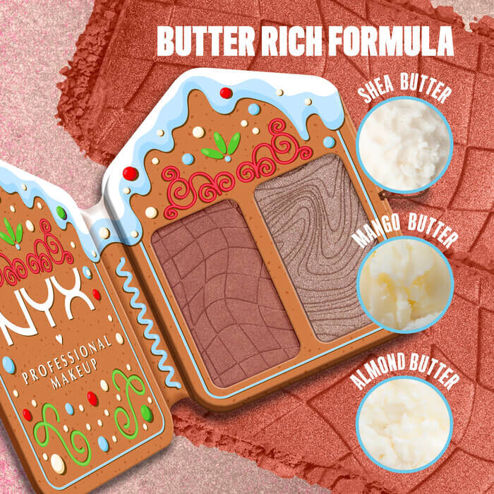 Na zdjęciu widoczna jest otwarta paleta „Buttermelt Face Palette”. Wypisane są składniki „MASŁO SHEA”, „MASŁO MANGO” i „MASŁO MIGDAŁOWE” pod nagłowkiem „FORMUŁA BUTTER RICH” w palecie Buttermelt Face Palette w odcieniu 02 Deep.