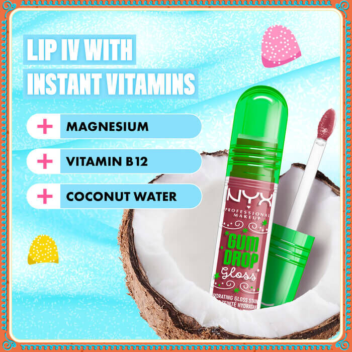Kokos, ikony witamin w otoczeniu wody wody z tekstem dotyczącym produktu Holiday Gum Drop Gloss NYX Professional Makeup: „With Instant Vitamins – Magnesium, Vitamin B12, Coconut Water” w odcieniu 02 Bubblegum Burst 