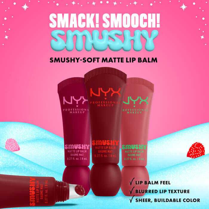 3 balsamy z zestawu NYX Professional Makeup Holiday Smushy Kit. Widoczne hasło “Lip balm feel. Sheer. Buildable color.” 