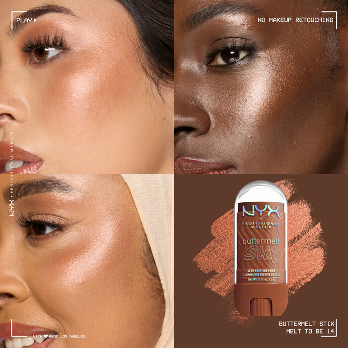 Quadrant showing Jelly Job lip macros on three models of fair, deep, medium skin tones and the product solider with swatch behind the hex code color in shade 14 Melt To Be