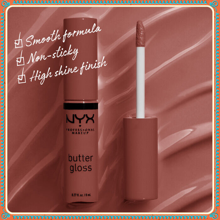 pojedyncza tubka NYX Professional Makeup Holiday Butter Gloss Vault. Widoczny jest tekst przedstawiający cechy produktu: "Smooth formula," "Non-sticky," and "High shine finish." 
